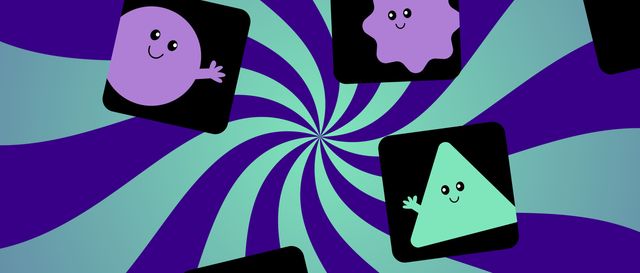 Smiling and waving geometric shape folks swept by a whirlwind.